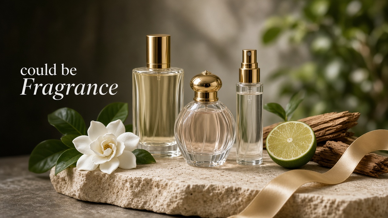Three perfume bottles with citrus, gardenia, and cedar