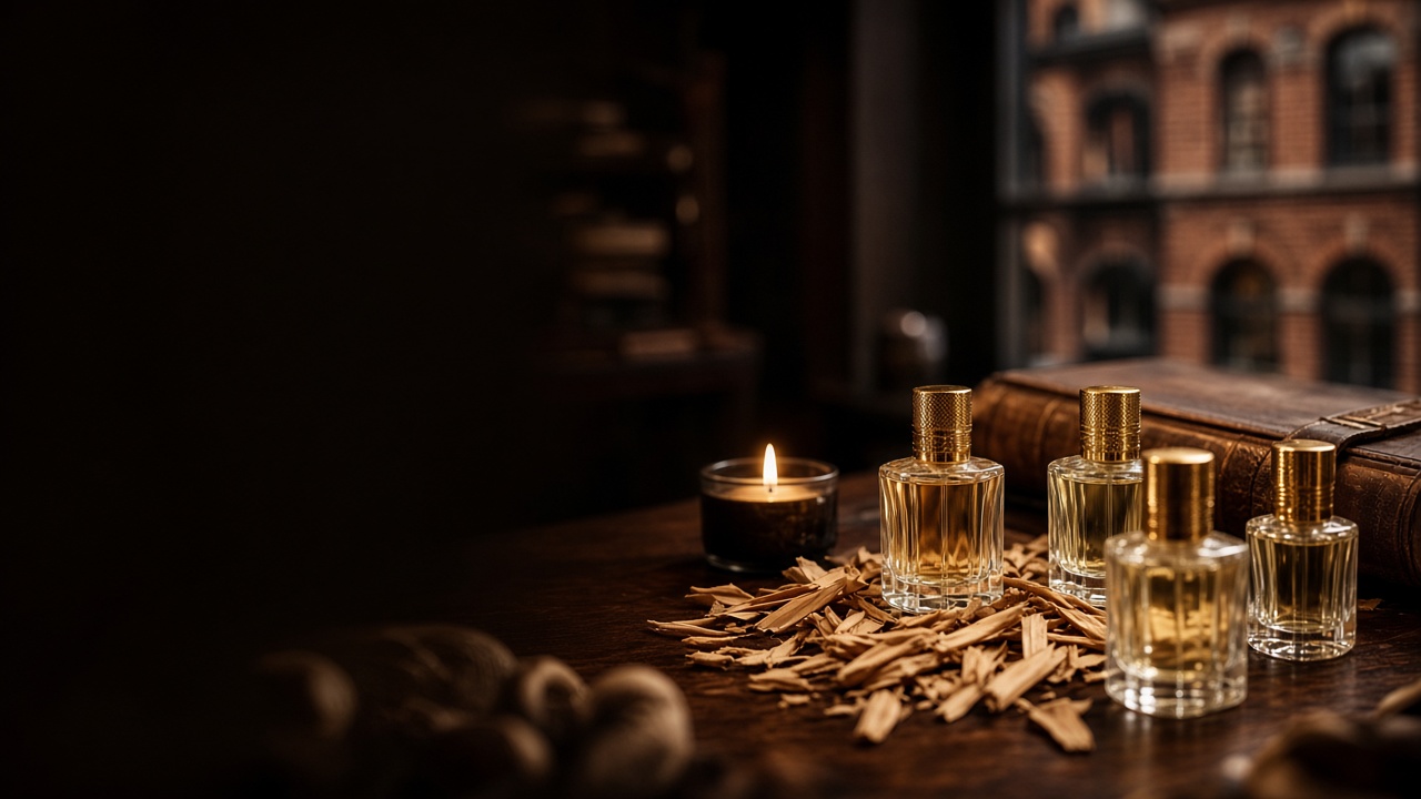 Gold-capped bottles on dark wood in a perfume atelier